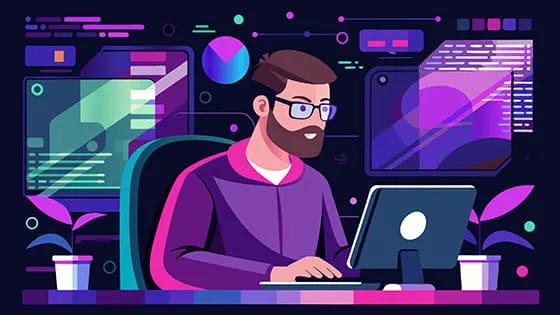 坐在电脑前工作的男子矢量素材(PSD)