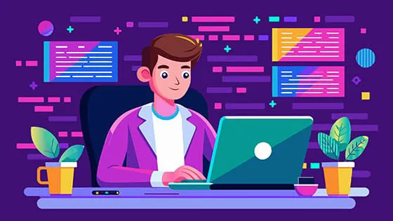 坐在办公桌电脑前工作的男子矢量素材(EPS)一