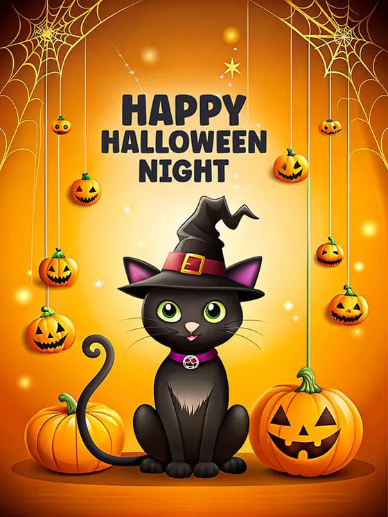 带着巫师帽的黑色猫咪设计万圣节快乐海报素材(JPG)一