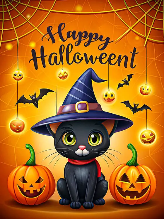 带着巫师帽的黑色猫咪设计万圣节快乐海报素材(JPG)