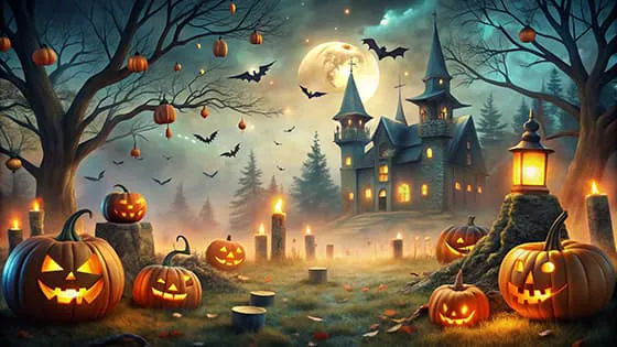 鬼屋和南瓜灯等设计万圣节背景/壁纸图片素材(JPG)一