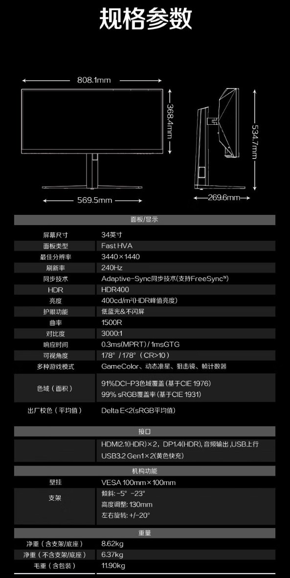 AOC“CU34G4Z”34 英寸带鱼屏显示器开启预售：1500R 曲率、WQHD 240Hz，首发 1999 元