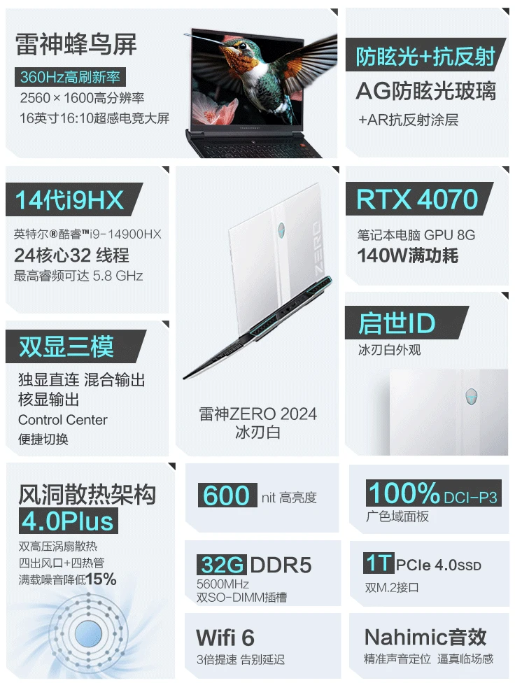 雷神 Zero 2024 16 英寸游戏本新增“i9-14900HX + 32G + 1T + RTX4070”配置售 11499 元