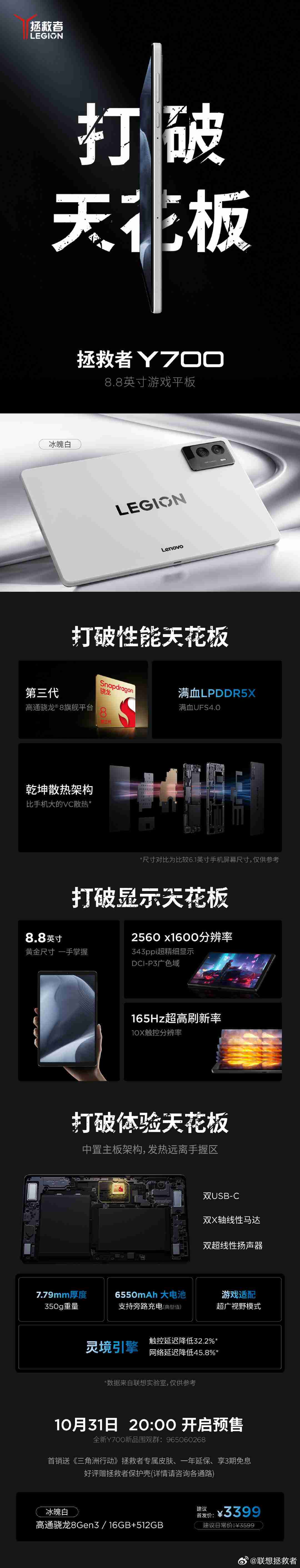 联想新一代拯救者 Y700 平板冰魄白配色开启预售：16GB+512GB、骁龙 8 Gen3 处理器，首发 3399 元