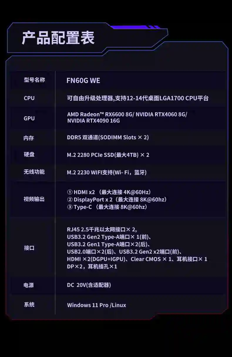 FEVM 推出 3.8L 水冷迷你主机 FN60G WE：最高可选 i9-14900KF 和 RTX 4090M、双 2.5G 网口
