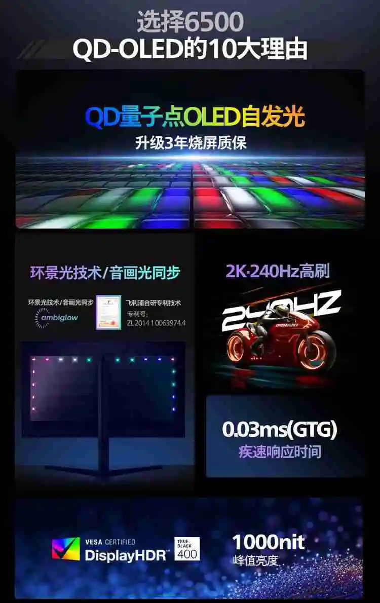 飞利浦 27M2N6500 QD-OLED 27 英寸 2K 电竞显示器开售：GtG 响应时间 0.03ms，2721.51 元 + 12 期免息