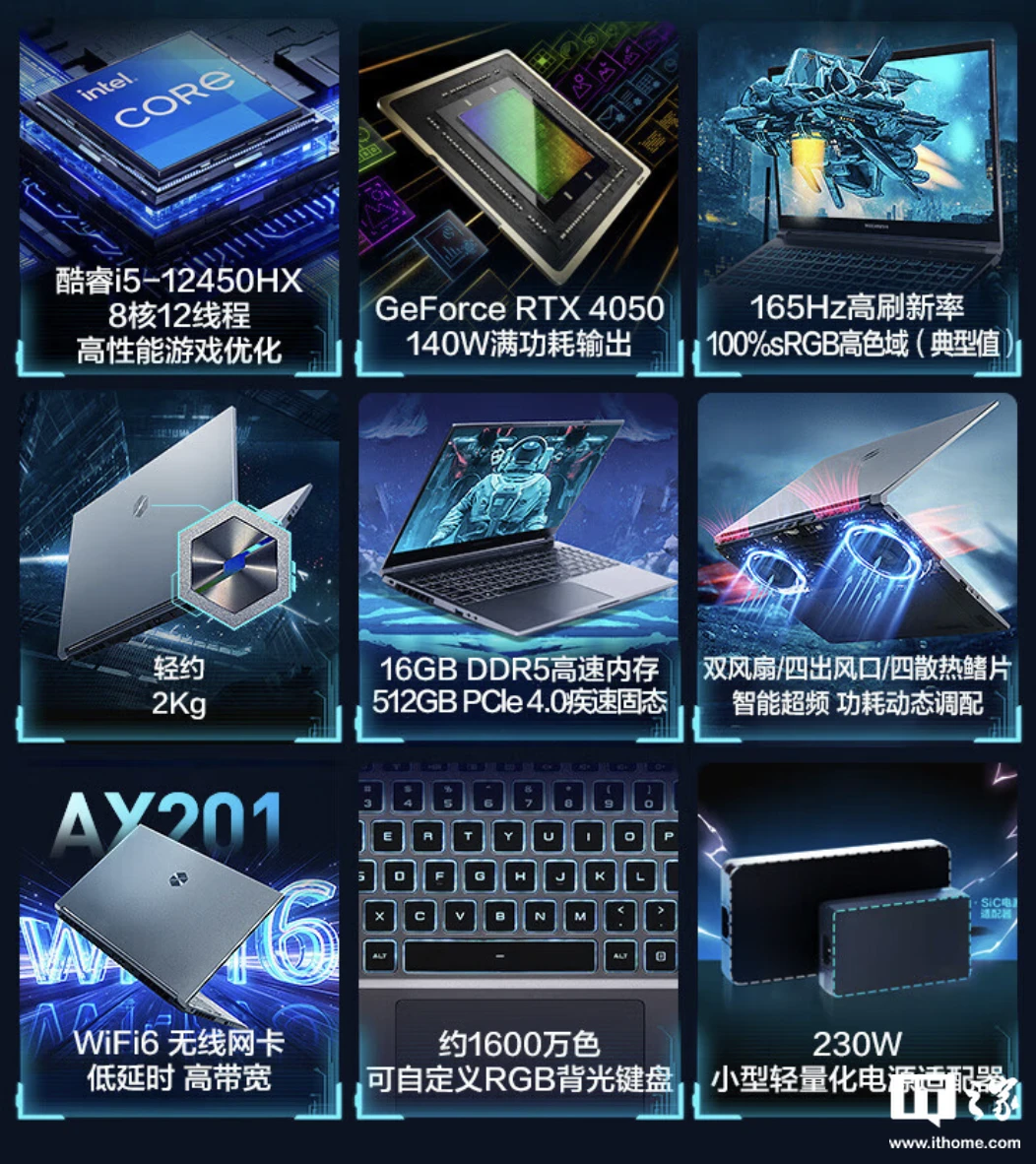 机械革命极光 15 笔记本新增“i5-12450HX + 24G + 1T + RTX4050”版本，售 5799 元