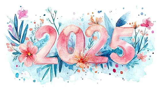 水彩花卉和数字设计 2025 新年快乐图片素材(JPG)