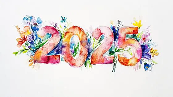 水彩花卉和数字设计 2025 新年快乐图片素材(JPG)一