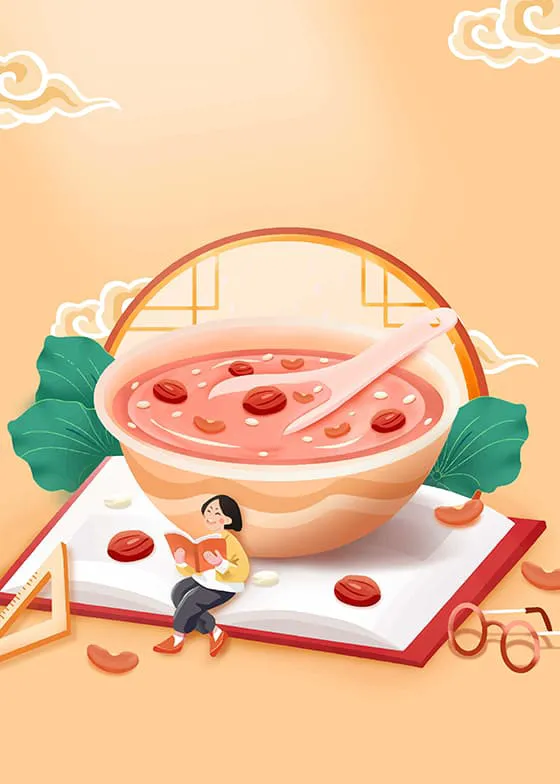 坐在腊八粥旁看书的小女孩矢量素材(EPS)