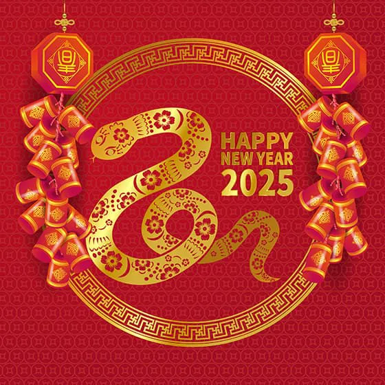金色的蛇和鞭炮设计 2025 蛇年春节快乐背景矢量素材(EPS)