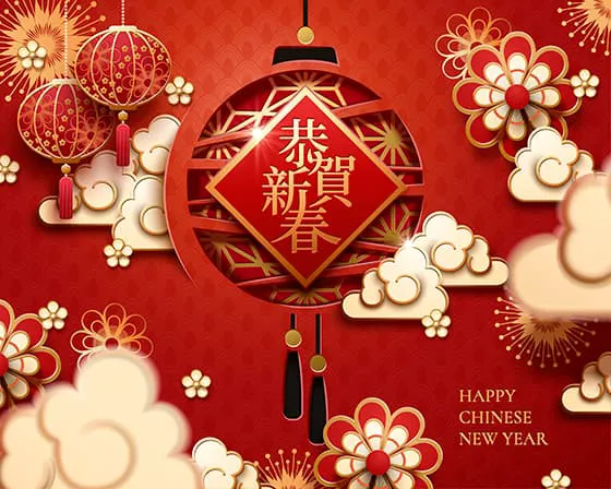 灯笼云朵花朵设计「恭贺新春」春节背景矢量素材(EPS)