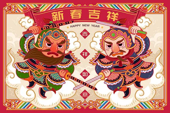 门神秦琼和尉迟恭设计「新春吉祥」春节背景矢量素材(EPS)