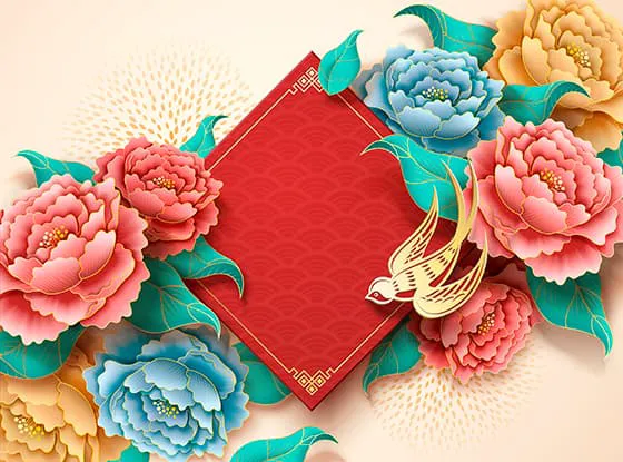 金燕子和牡丹花设计春节背景矢量素材(EPS)