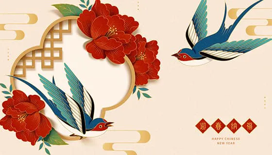两只燕子和牡丹花设计「迎春纳福」春节背景矢量素材(EPS)