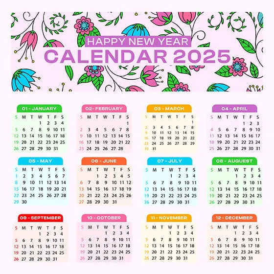 扁平风格的花卉设计 2025 年日历矢量素材(EPS)