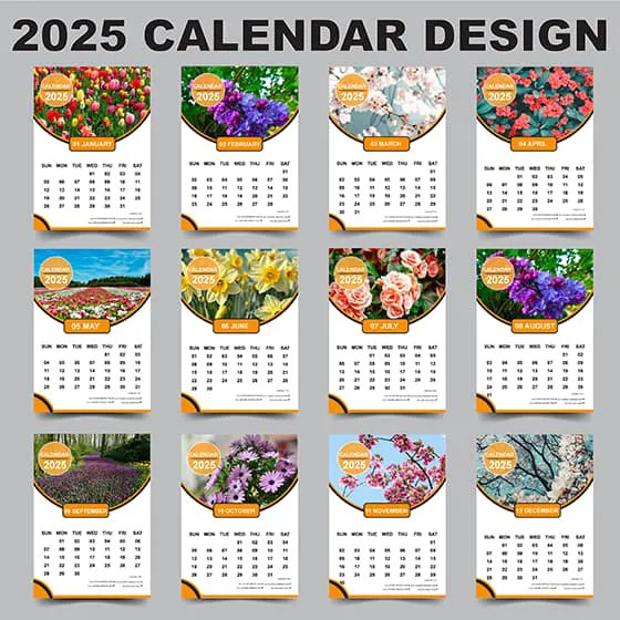 美丽的花朵设计 2025 年日历矢量素材(EPS)一
