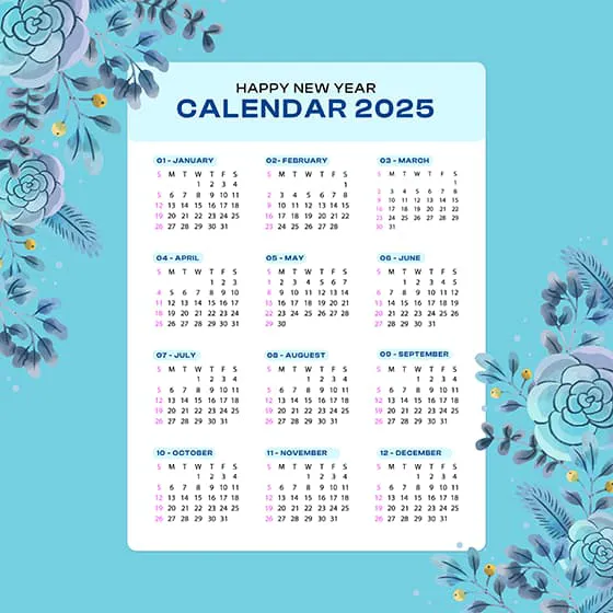 蓝色水彩花朵设计 2025 年日历矢量素材(EPS)