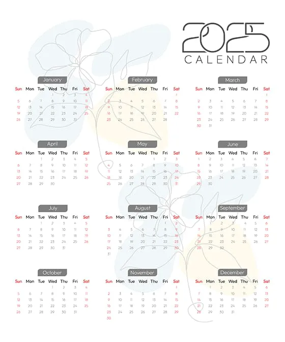 淡淡的抽象花朵设计 2025 年日历矢量素材(EPS)