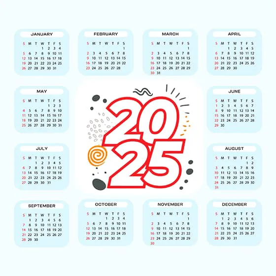 淡蓝色简约 2025 年日历矢量素材(EPS)