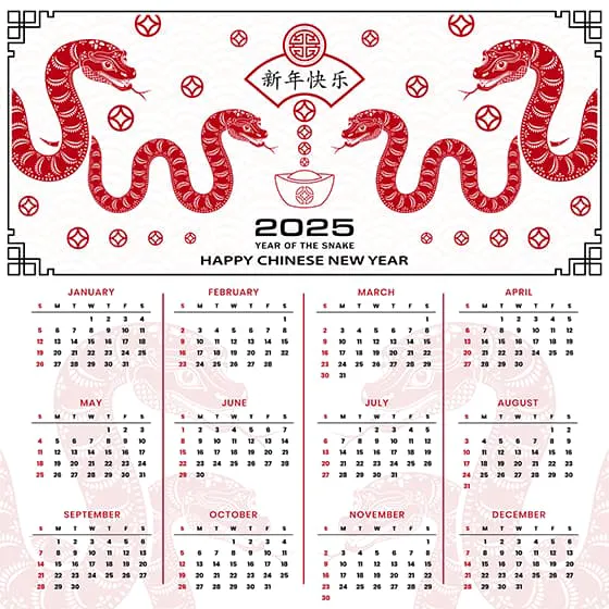 蛇和金元宝设计 2025 蛇年日历矢量素材(EPS)