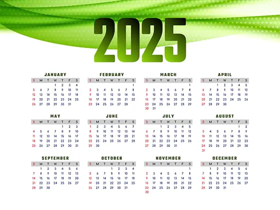 绿色波纹背景设计 2025 年日历矢量素材(EPS)