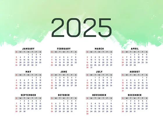 绿色简单背景设计 2025 年日历矢量素材(EPS)