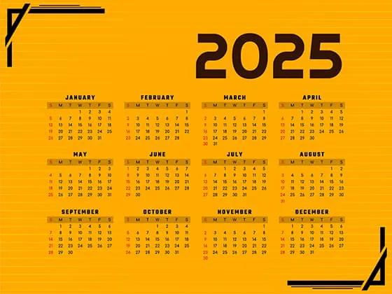 鲜艳的黄色背景设计 2025 年日历矢量素材(EPS)