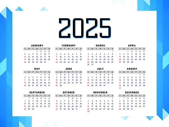简单蓝色背景设计 2025 年日历矢量素材(EPS)一