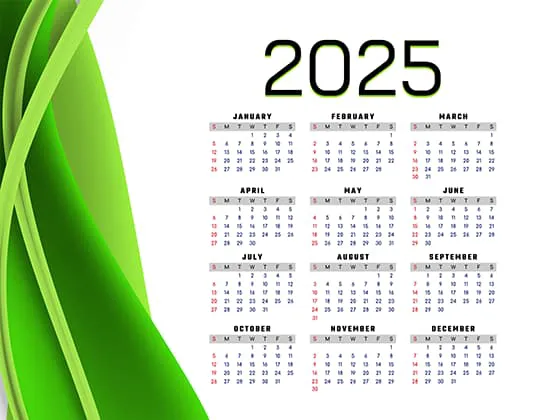 绿色波纹背景设计 2025 年日历矢量素材(EPS)一