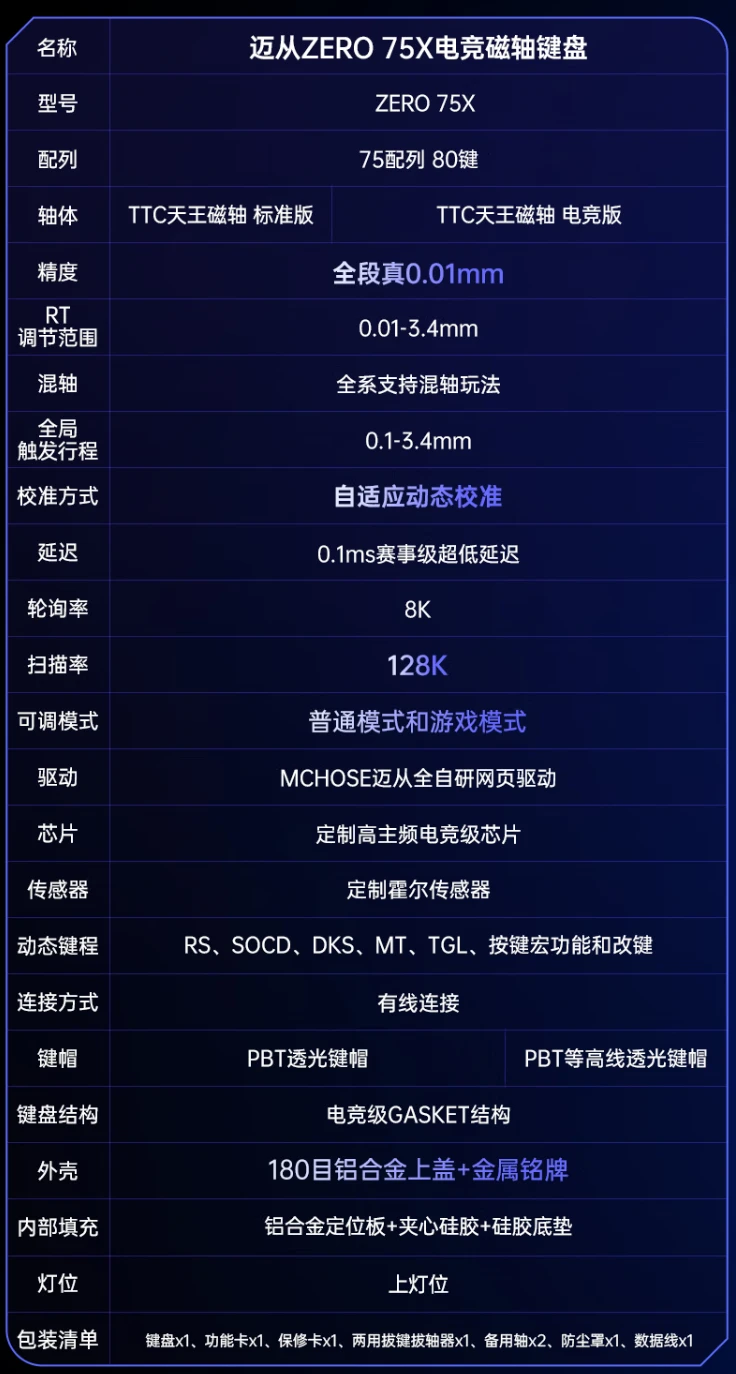 迈从推出 ZERO 75X 电竞磁轴键盘：75 配列 80 键设计、有线连接，首发 399 元起