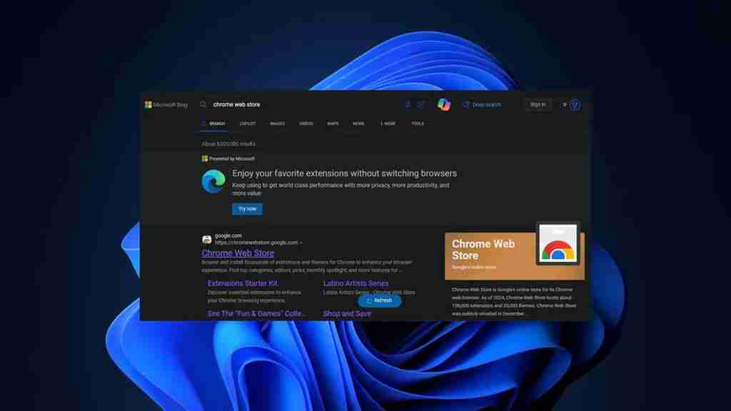 微软“围堵”谷歌浏览器：Bing 搜索“Chrome Web Store”跳推荐
